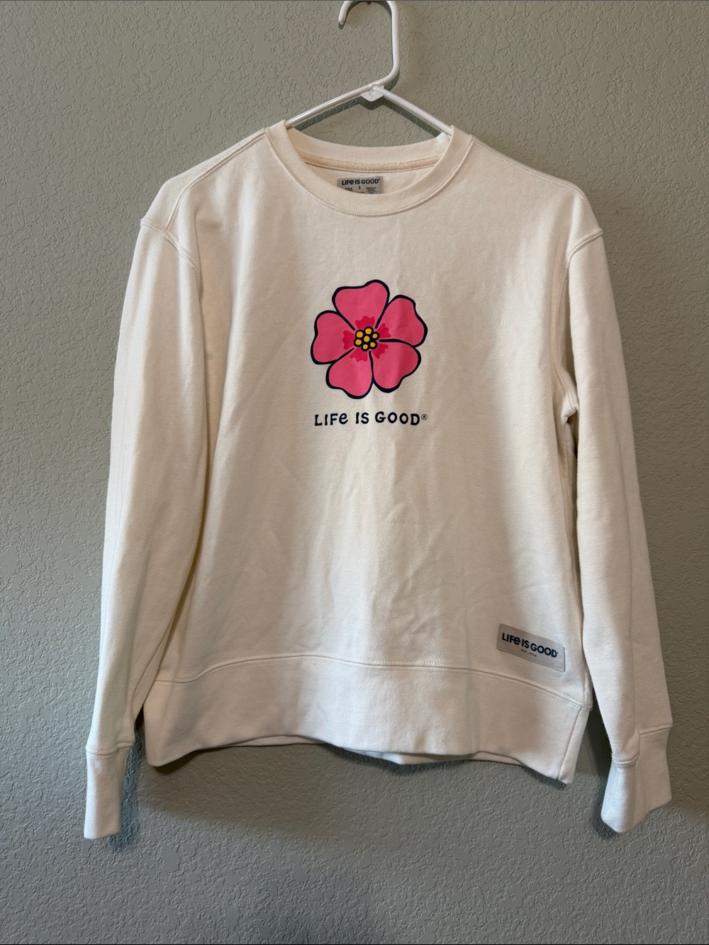 Life Is Good Cream Crewneck with Pink Flower Graphic Size Small